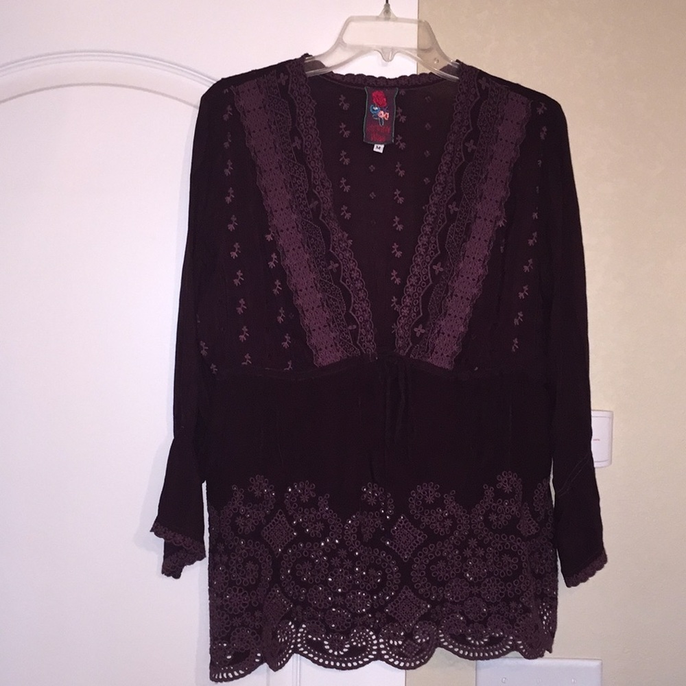 Johnny Was Tunic Top Empire Waist Tie Embroidered